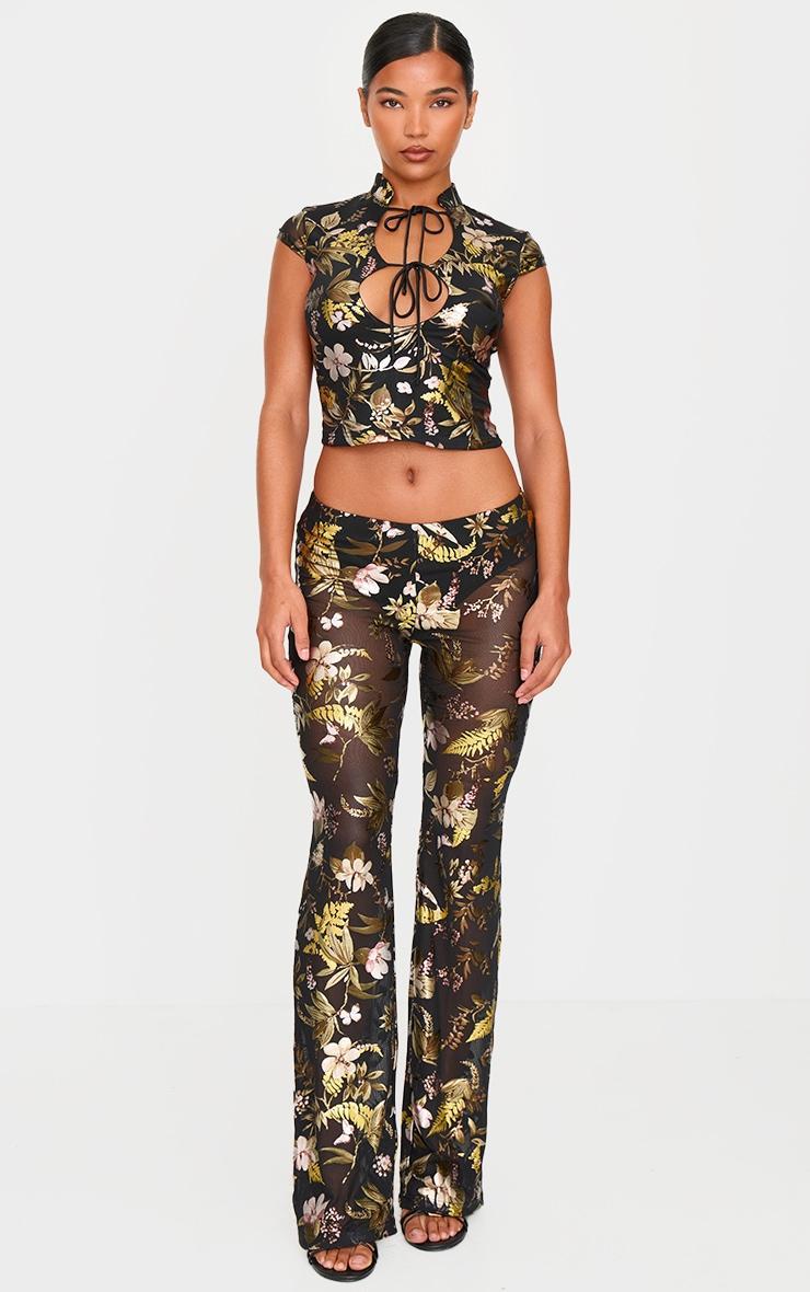 Black Floral Foil Printed Mesh Flare Pants Product Image