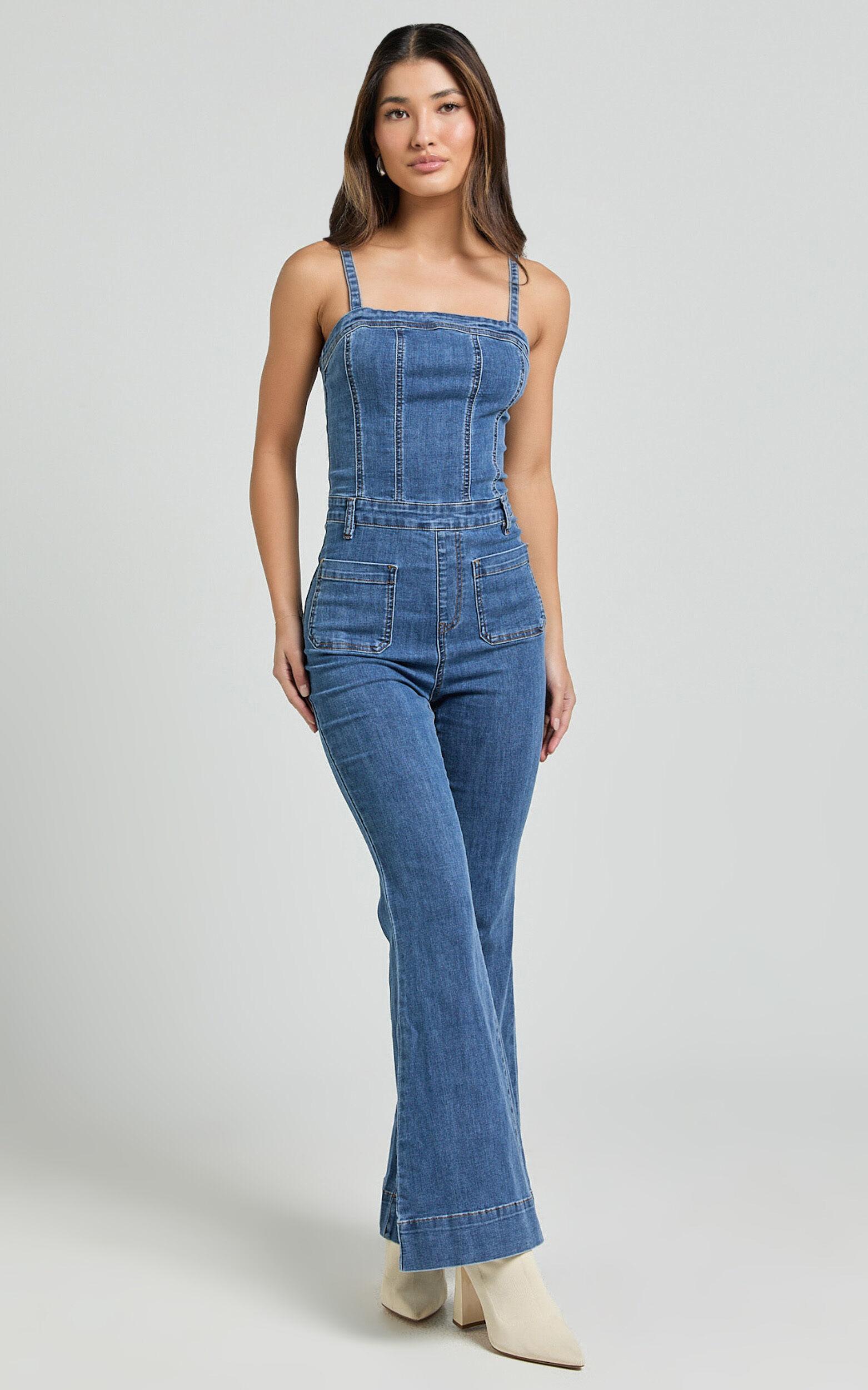 Joey Jumpsuit - Panelled Cami Flared Bottom Denim Jumpsuit in Dark Blue Wash Product Image