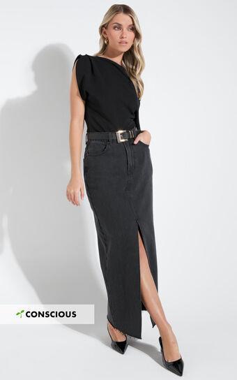 Kira Midi Skirt - Front Split Denim Skirt in Washed Black Product Image