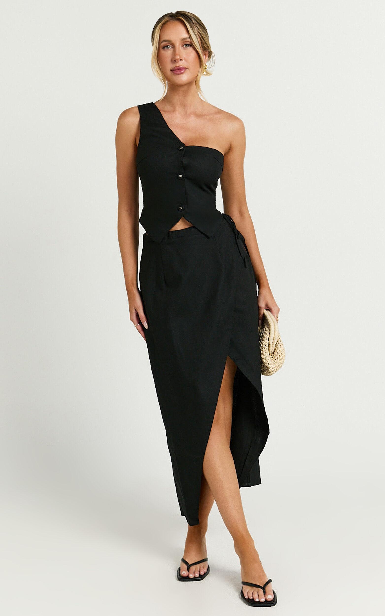 Claudia Two Piece Set - Linen Look One Shoulder Button Down Top and Midi Skirt Set in Black Product Image