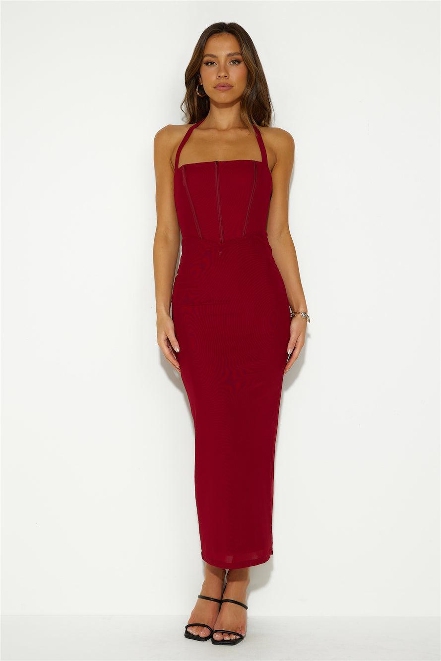 Her Dream Fit Mesh Maxi Dress Burgundy Product Image