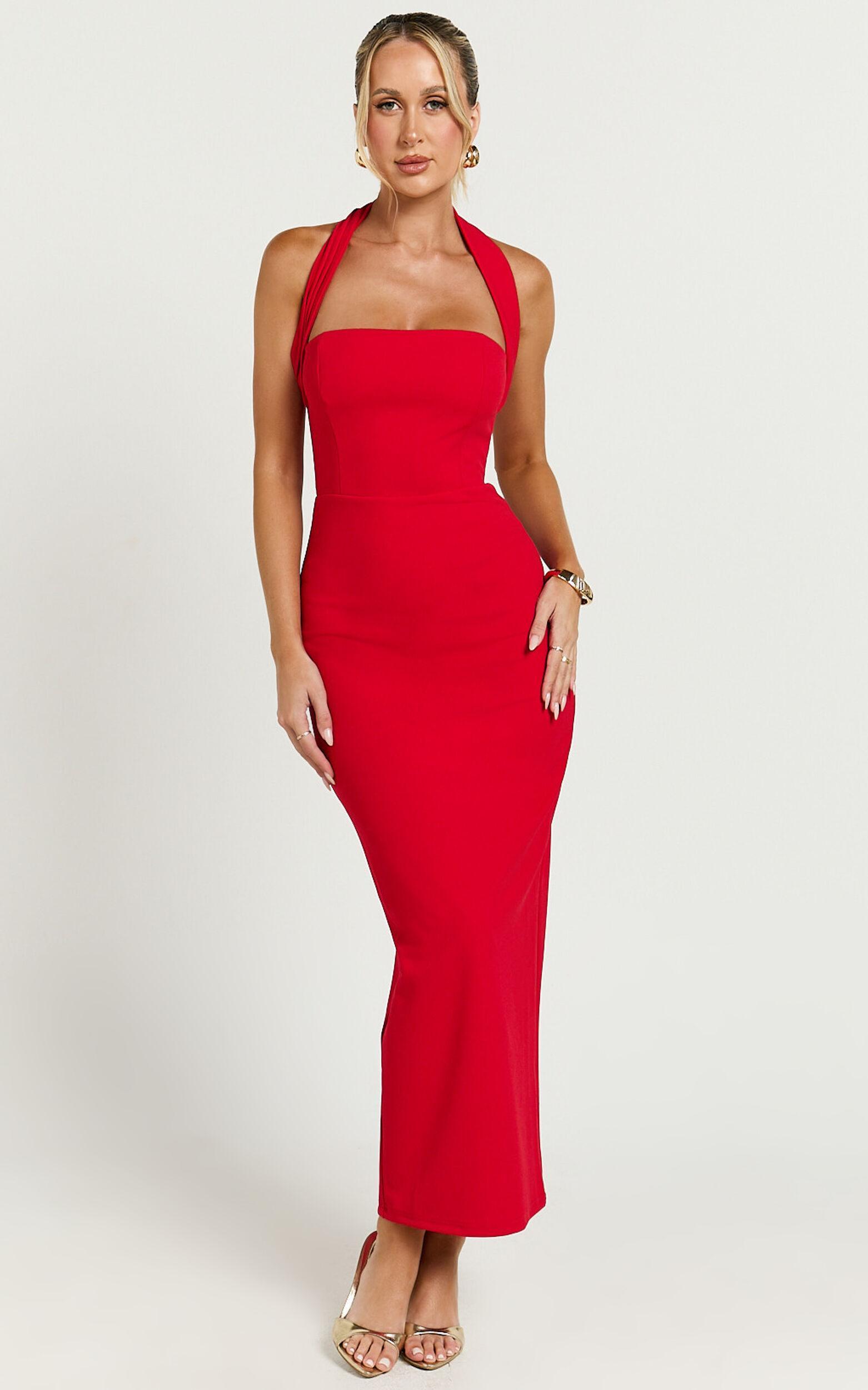 Salome Midi Dress - Halter Neck Column Dress in Red Product Image