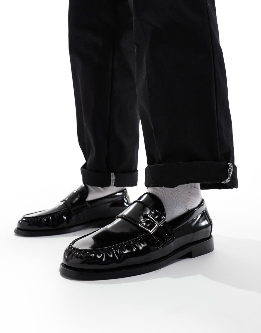 ASOS DESIGN loafers in black with wedge sole and buckle Product Image