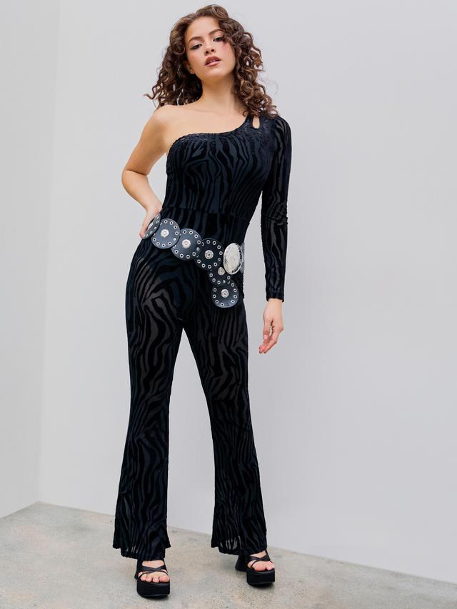 Asymmetrical Neck See-through Zebra Stripe Flared Jumpsuit Product Image