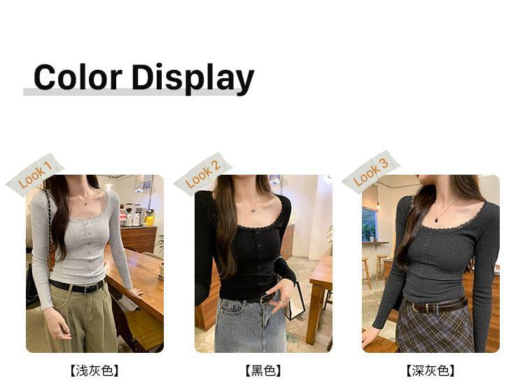 Long-Sleeve Scoop Neck Plain Lace Trim T-Shirt Product Image