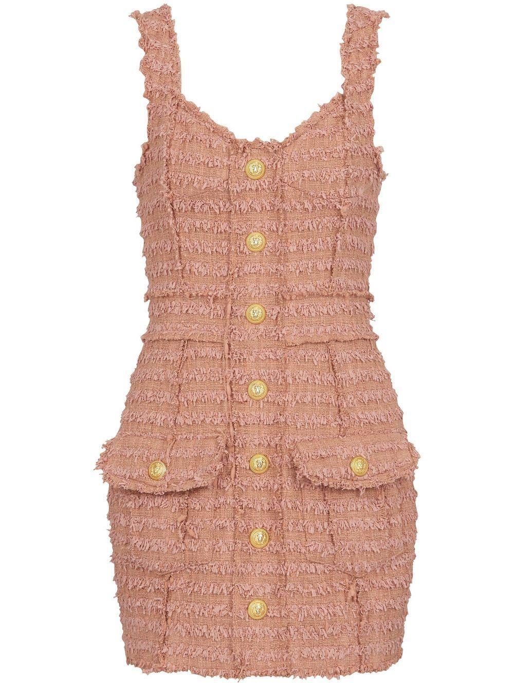 BALMAIN Button-embossed Strapped Tweed Short Dress In Pink Product Image