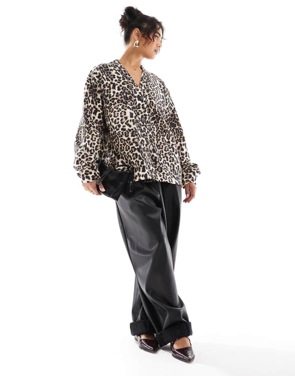 ASOS DESIGN heavyweight loopback longline cardigan in leopard print Product Image