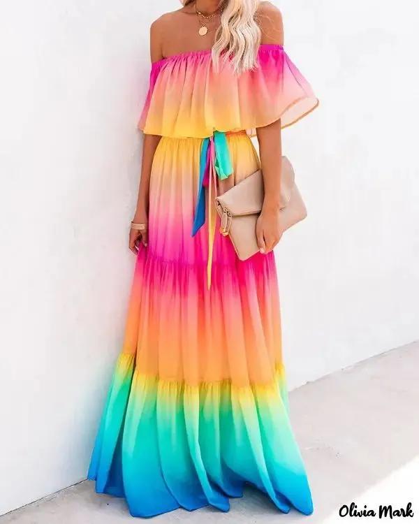 Olivia Mark – Long dress with ruffles and bare shoulders Product Image