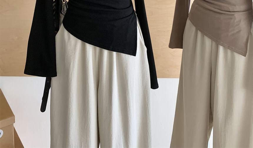 Set: Long-Sleeve Cold Shoulder Plain Ruched Top + Mid Waist Plain Wide Leg Pants Product Image