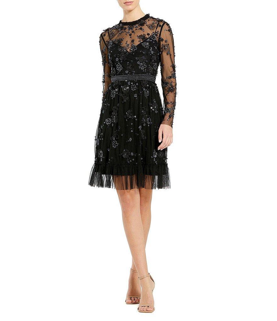 Mac Duggal Sequin Embroidered Illusion Crew Neck Long Sleeve Ruffle Trim Mini Dress Product Image