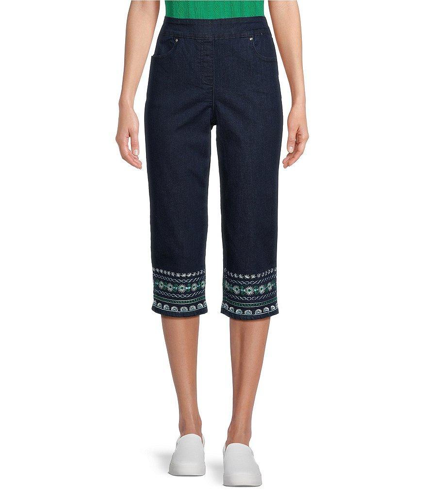 Allison Daley Embroidered Hem Pull-On Stretch Denim Capris Product Image