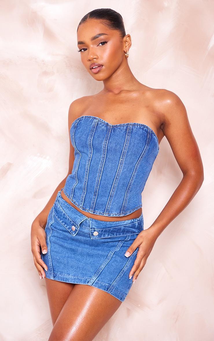 Mid Blue Wash Seam Detail Denim Corset Top product image