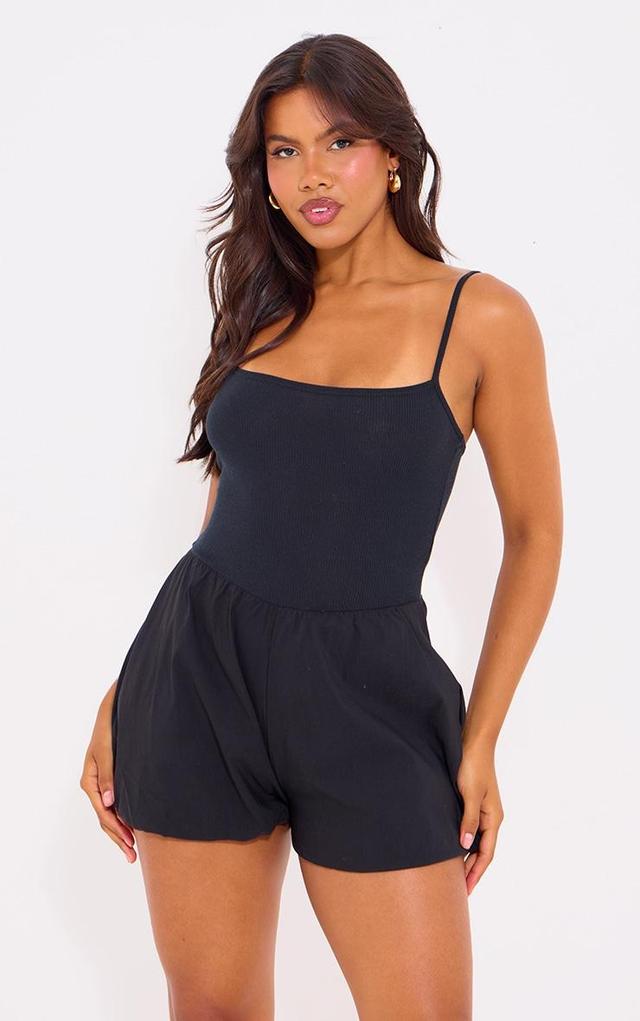 Black Rib Contrast Puff Short Romper Product Image