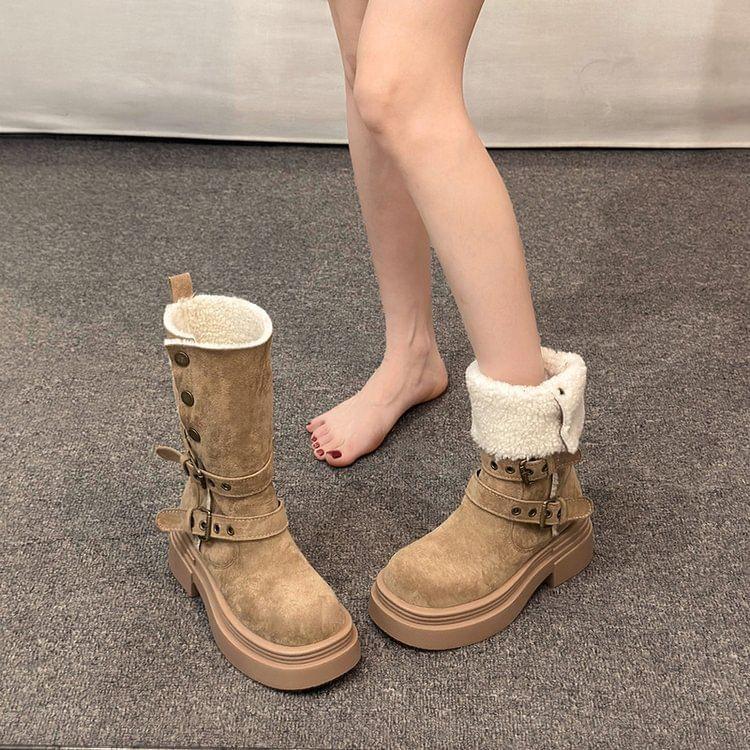 Faux Fur Buckled Mid Calf  Boots Product Image