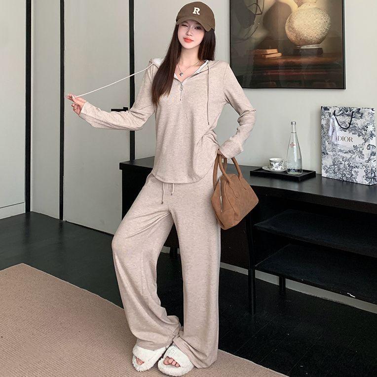 Set: Long-Sleeve Hooded Half Zip Plain Tee + Drawstring Waist Plain Wide Leg Pants Product Image