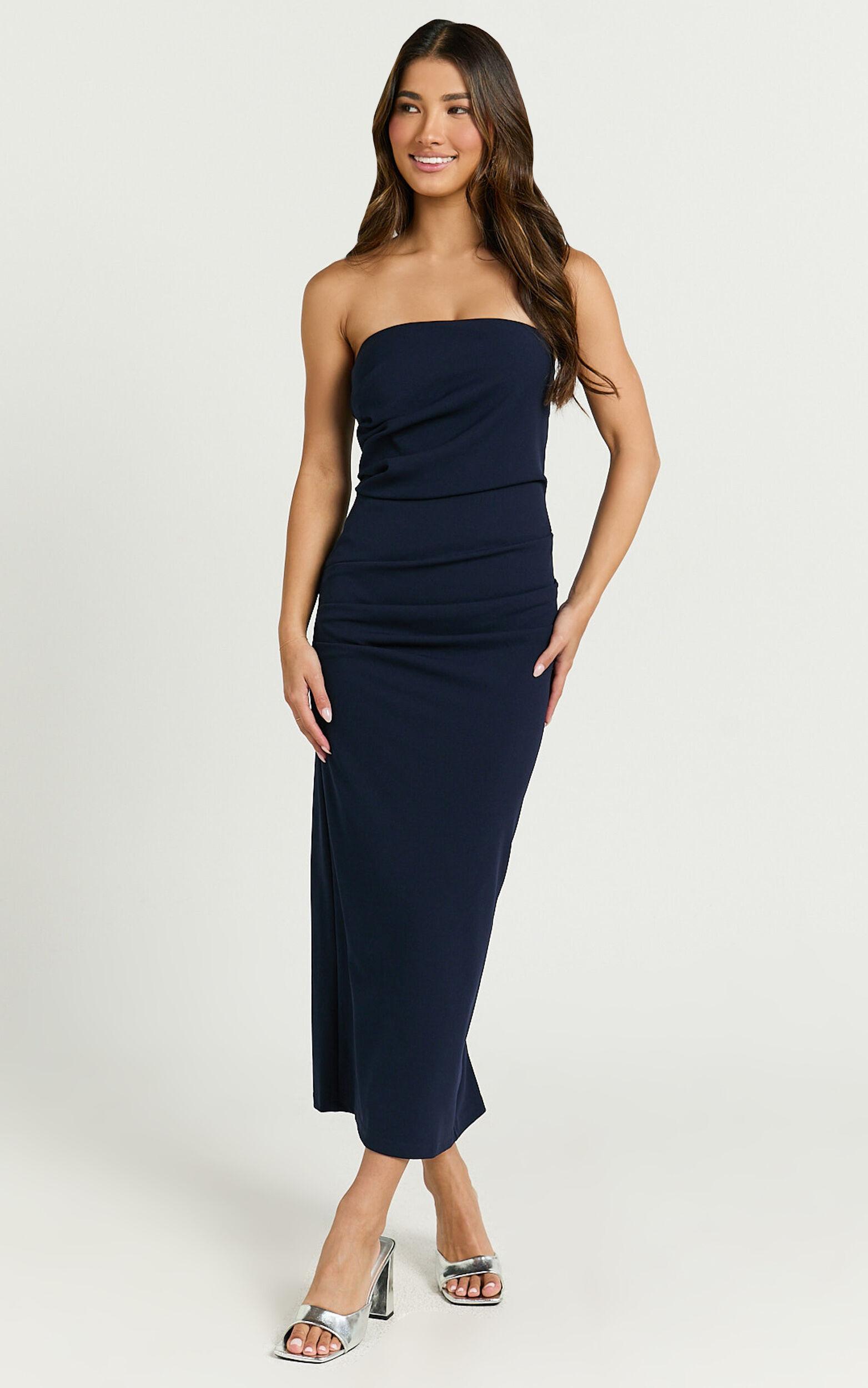 Calanthe Midi Dress - Strapless Tuck Detail Dress in Navy Product Image