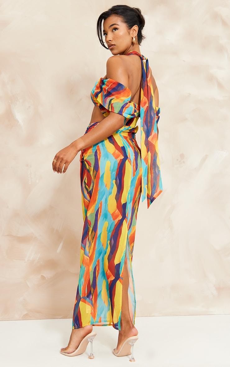 Multi Abstract Print Chiffon Cut Out Bardot Midi Dress Product Image