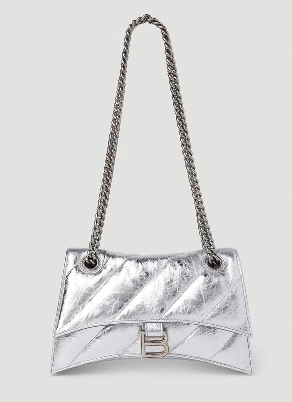 BALENCIAGA Crush Small Quilted Metallic Chain Shoulder Bag In Silver Product Image