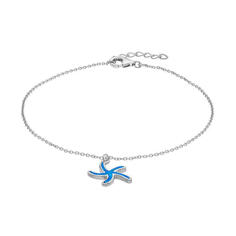 Sterling Silver Lab-Created Blue Opal Starfish Anklet, Womens Product Image