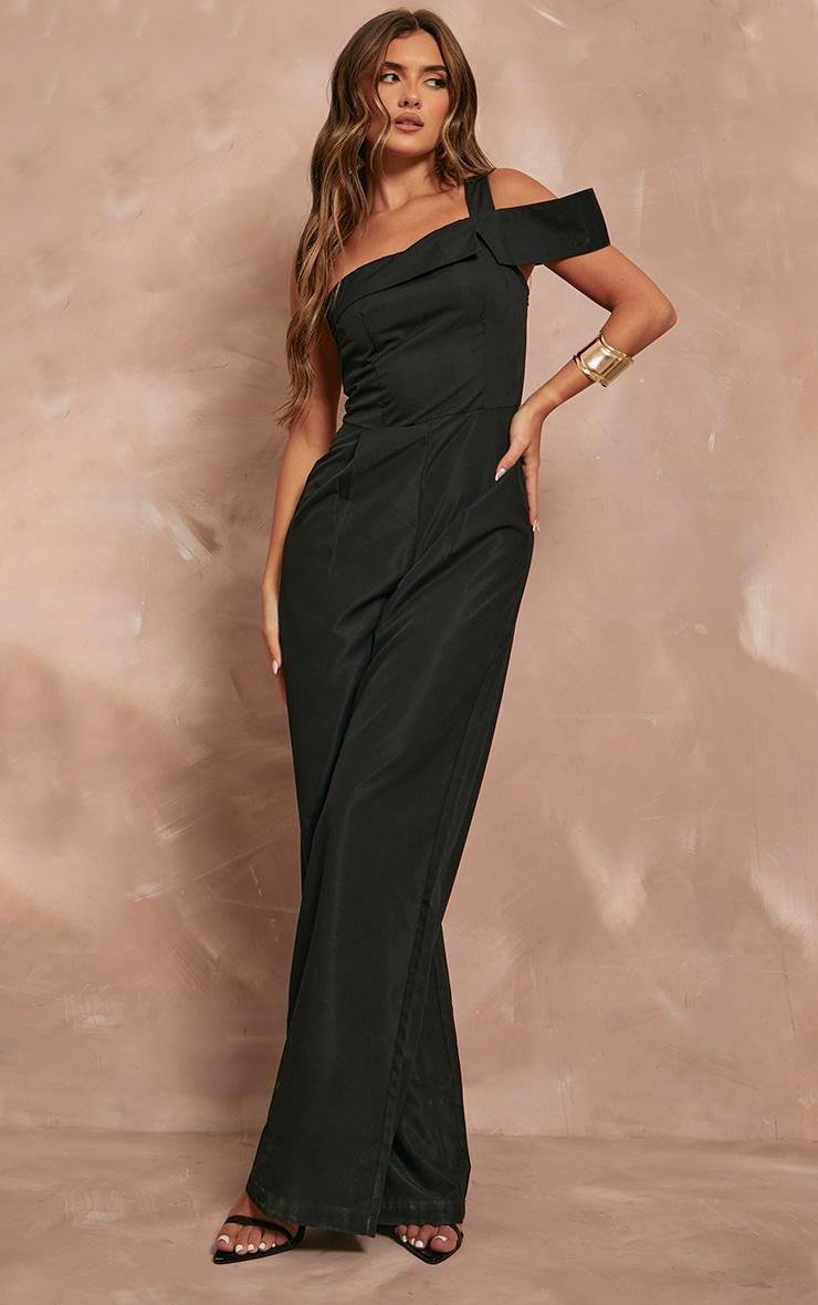 Black Woven One Shoulder Pleated Detail Wide Leg Jumpsuit Product Image