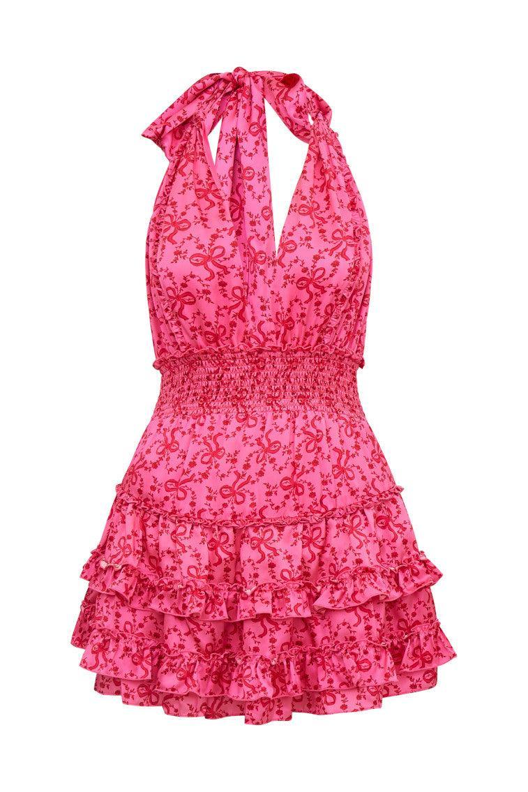 Quintelle Silk Bow-Printed Halter Mini Dress Product Image