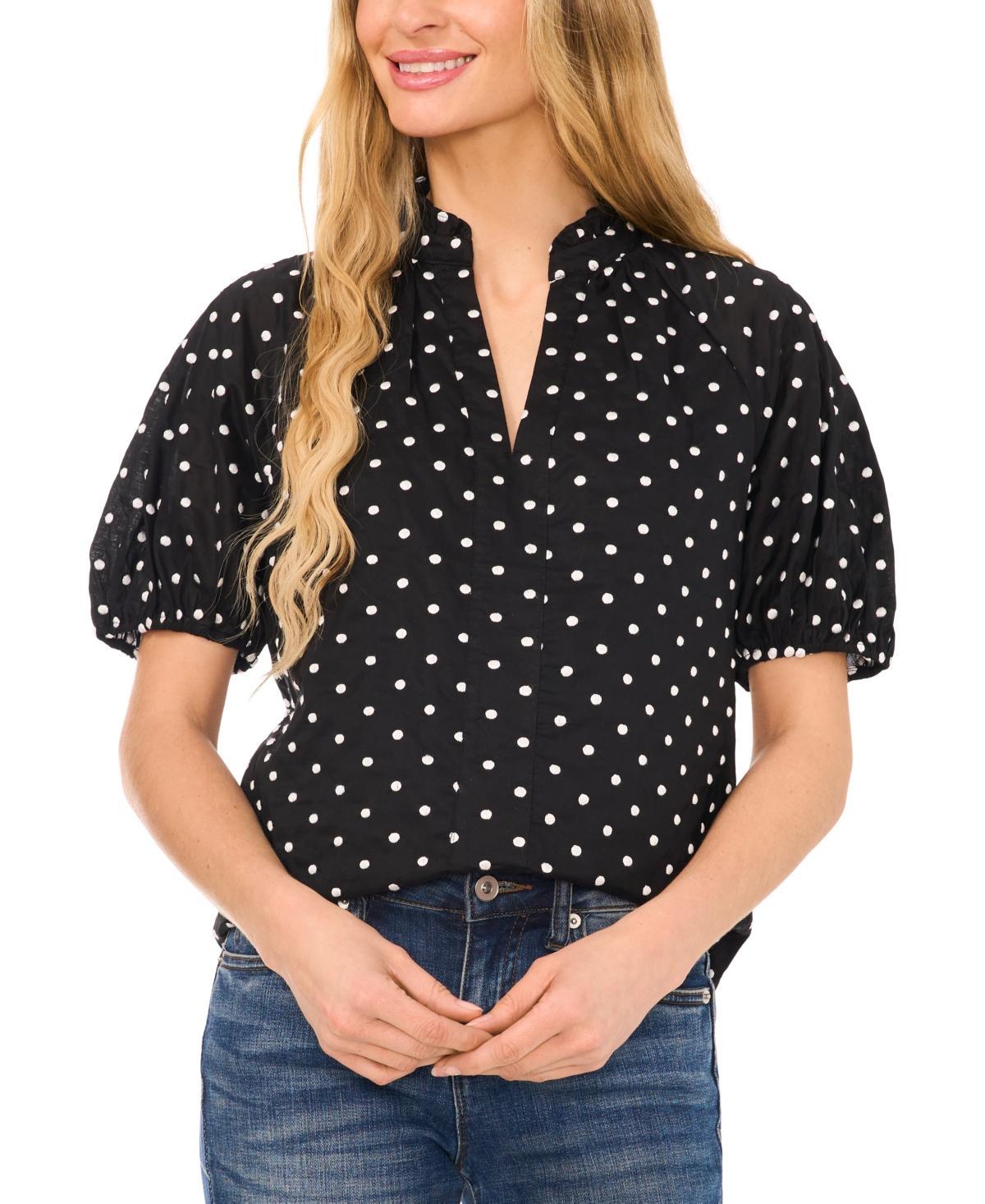 CeCe Womens Polka Dot Ruffled Neck Raglan Sleeve Blouse Product Image