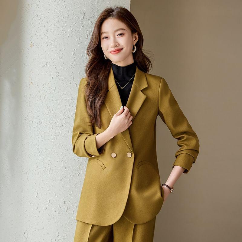 Lapel Collar Plain Double Breasted Blazer / Mid Waist Plain Wide Leg Slacks / Set Product Image