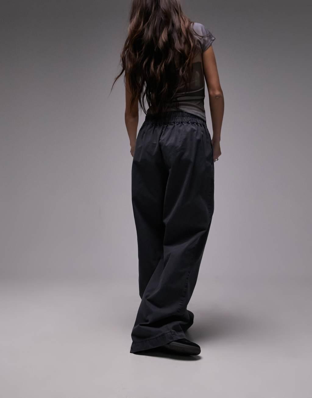 Topshop pull-on button front straight leg pants in charcoal Product Image