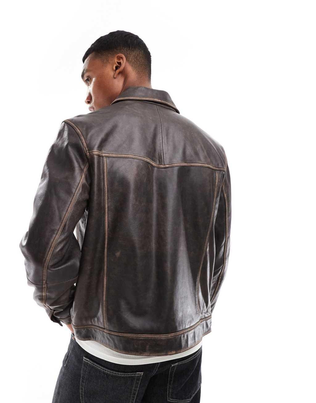 ASOS DESIGN premium real leather western jacket in brown Product Image