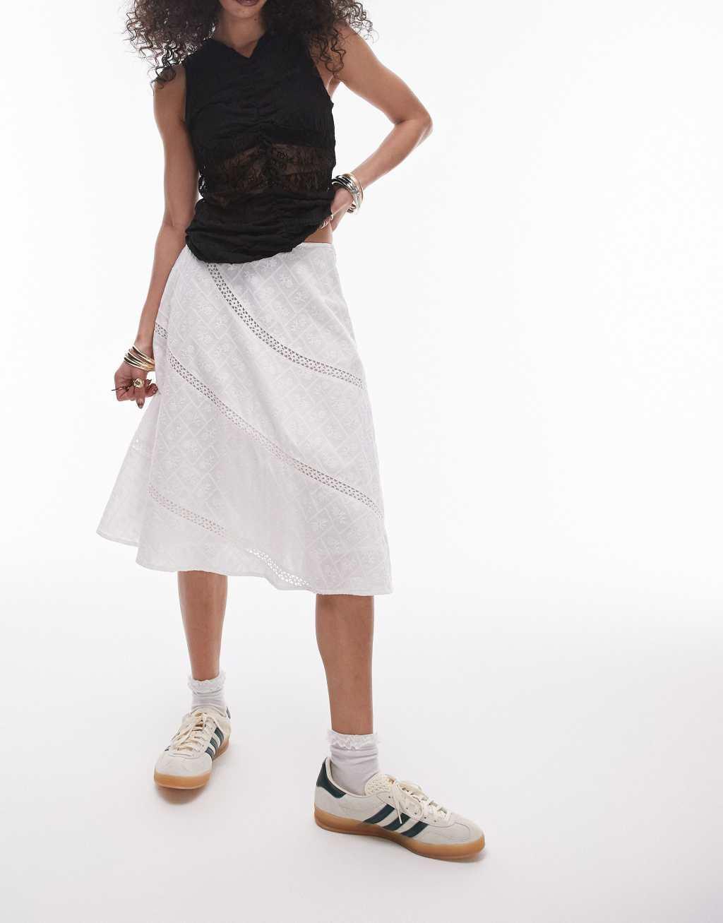 Topshop broderie paneled disjointed knee length skirt in white Product Image