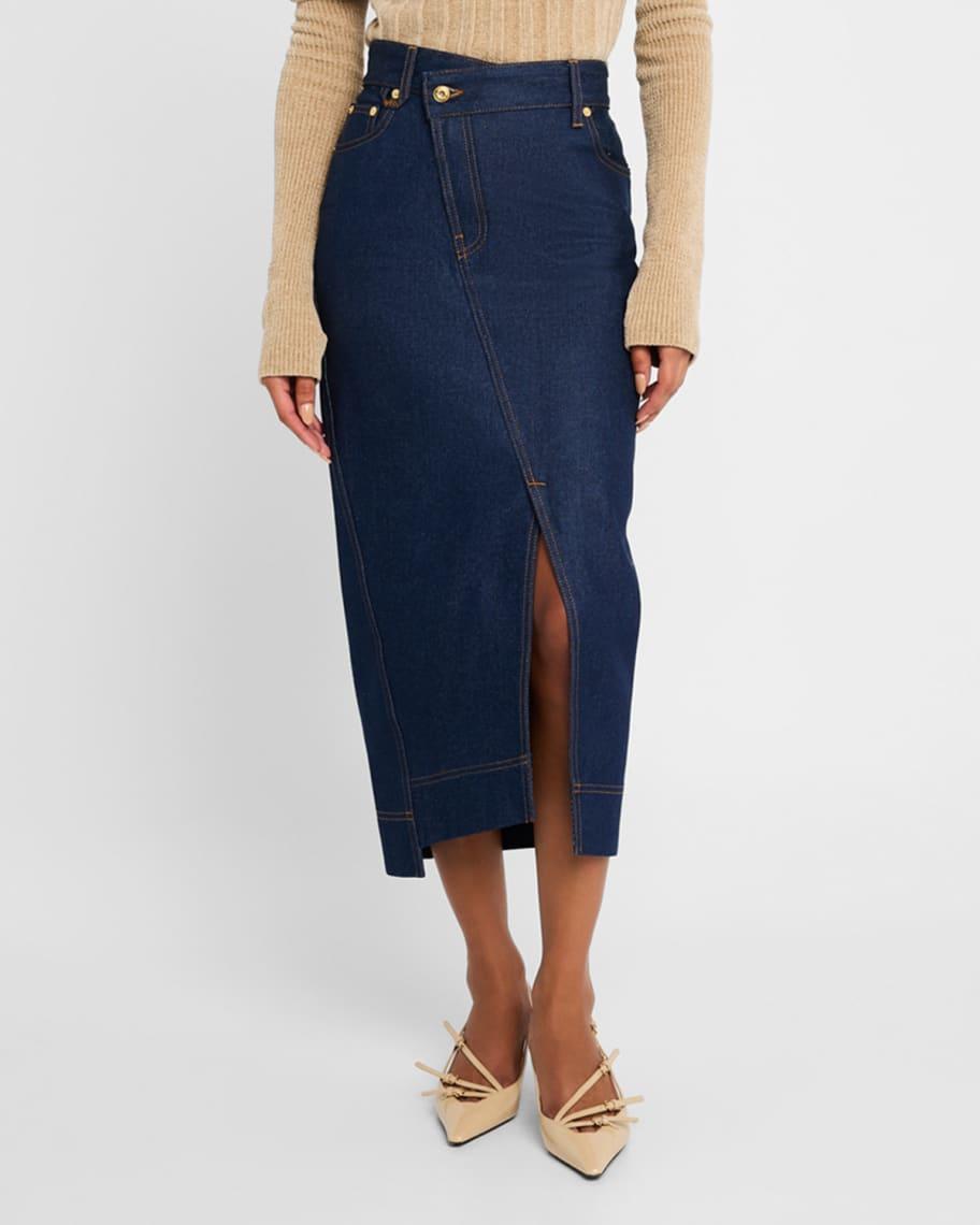 De-Nimes Crosswaist Midi Denim Skirt Product Image