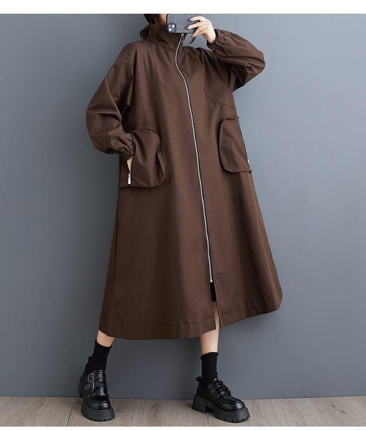 Stand Collar Plain Zip-Up Long Trench Coat Product Image