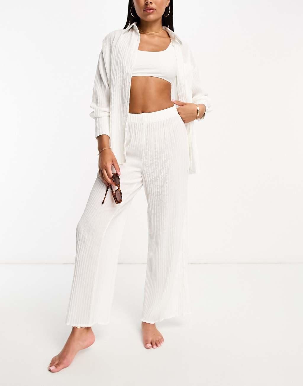 The Frolic exclusive tourmaline shirred wide long pants in white pleated texture - part of a set  Product Image