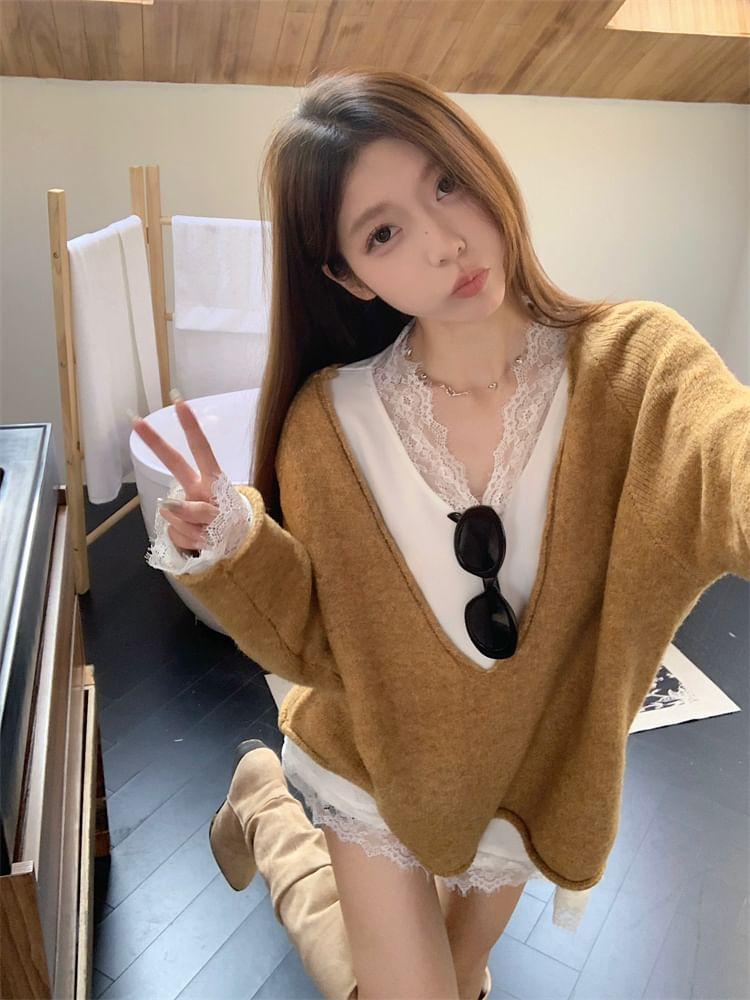 V-Neck Plain Oversized Sweater Product Image