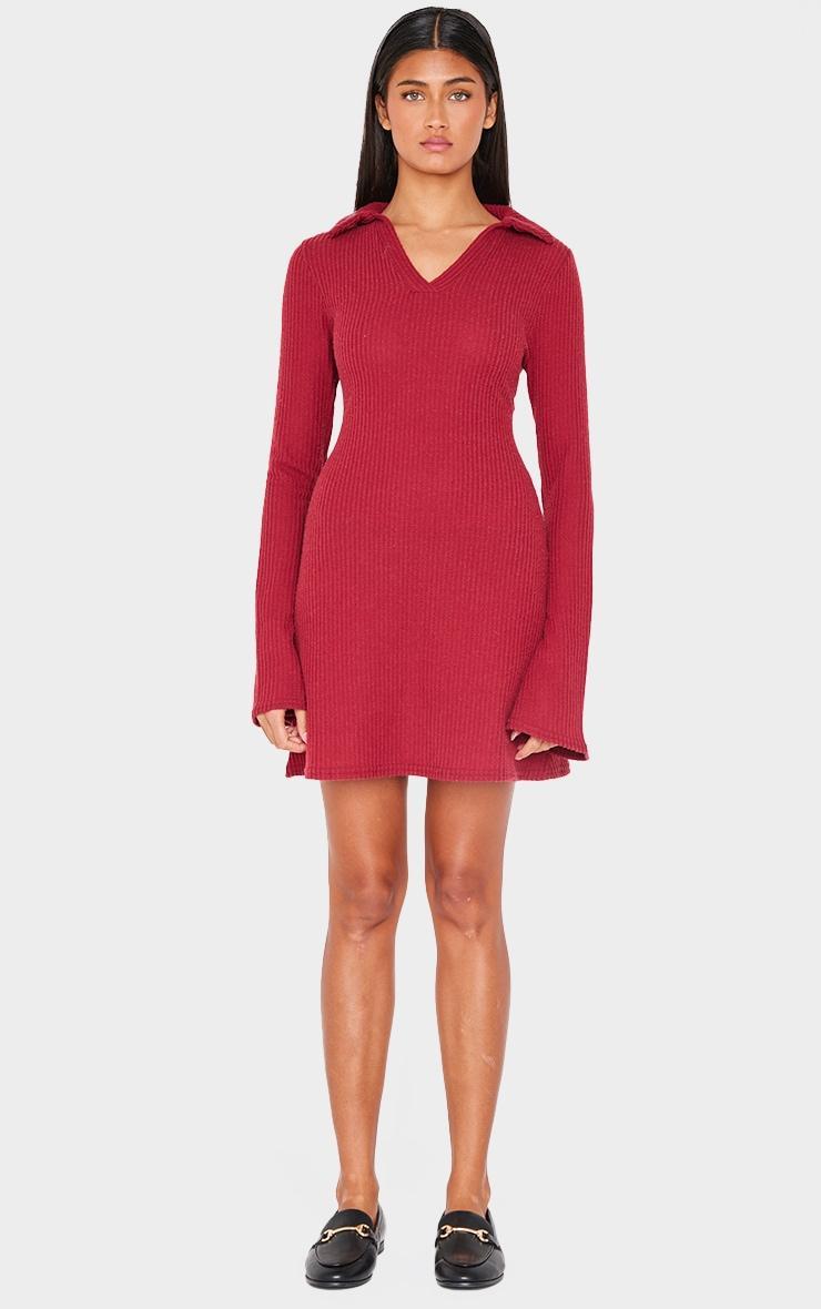 Burgundy Waffle Textured Long Sleeve Shift Dress Product Image