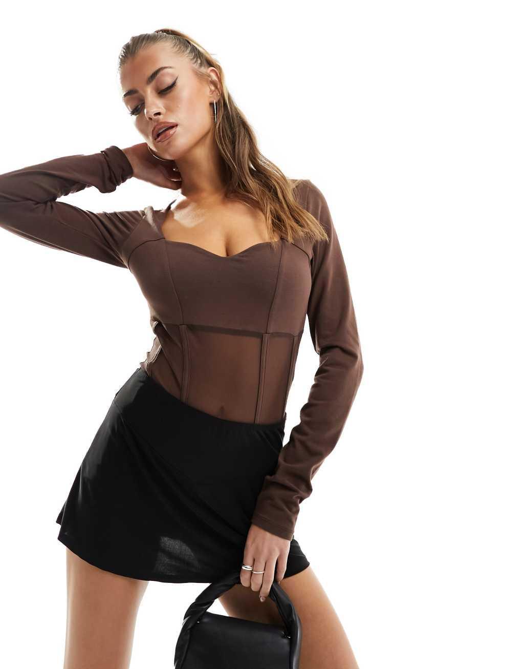 ASOS DESIGN corset style sweetheart neck mesh bodysuit in chocolate Product Image