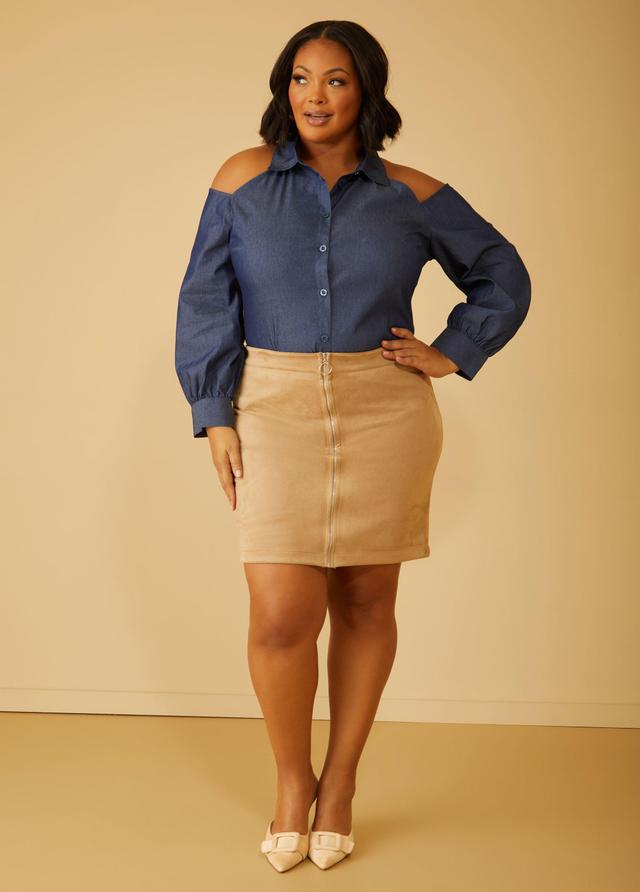 Plus Size Cold Shoulder Chambray Shirt Ashley Stewart Product Image