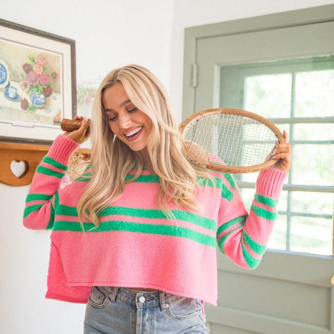 Sweet Affection Pink And Green Striped Notched Neck Sweater Product Image