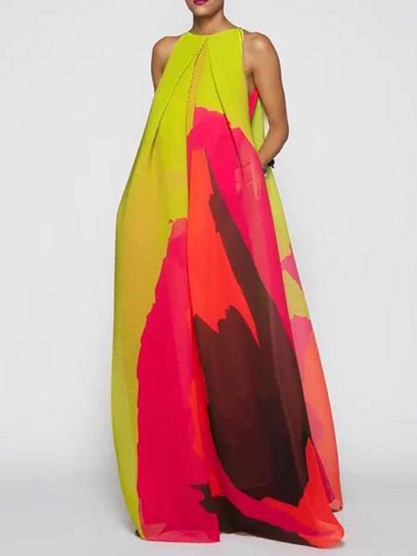 Loose Sleeveless Multi-Colored Round-Neck Maxi Dresses Product Image