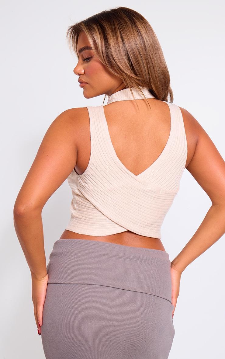 Oatmeal Knitted Ribbed Racer Neck Open Back Top Product Image