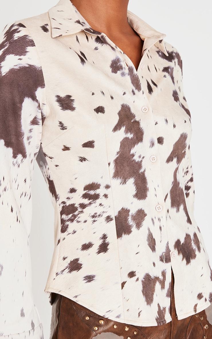 Beige Faux Suede Cow Print Fitted Shirt Product Image