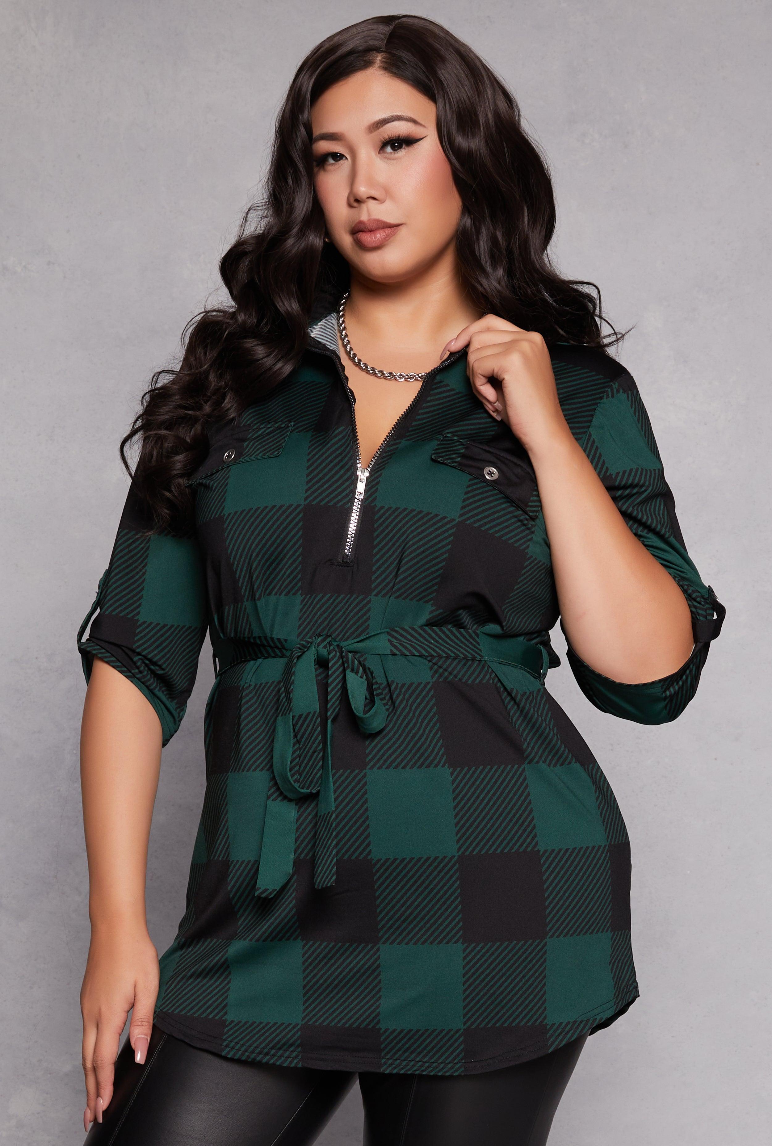 Womens Plus Size Buffalo Plaid Half Zip Tunic Top product image