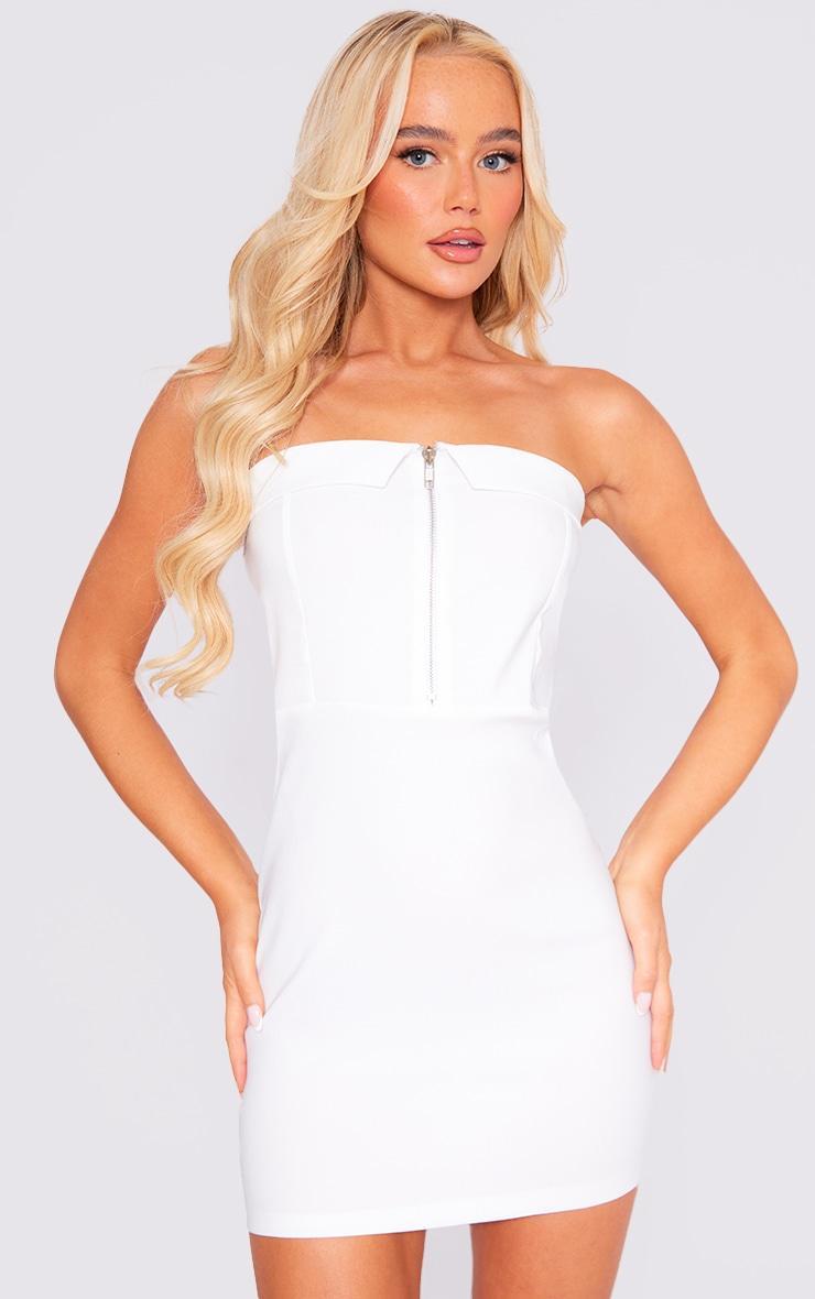 Cream Zip Front Utility Pocket Detail Bandeau Bodycon Dress product image