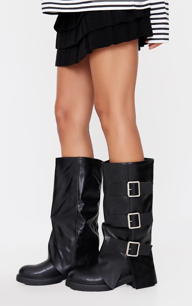 Black Pu Round Toe Triple Buckle Fold Over Knee Boots Product Image