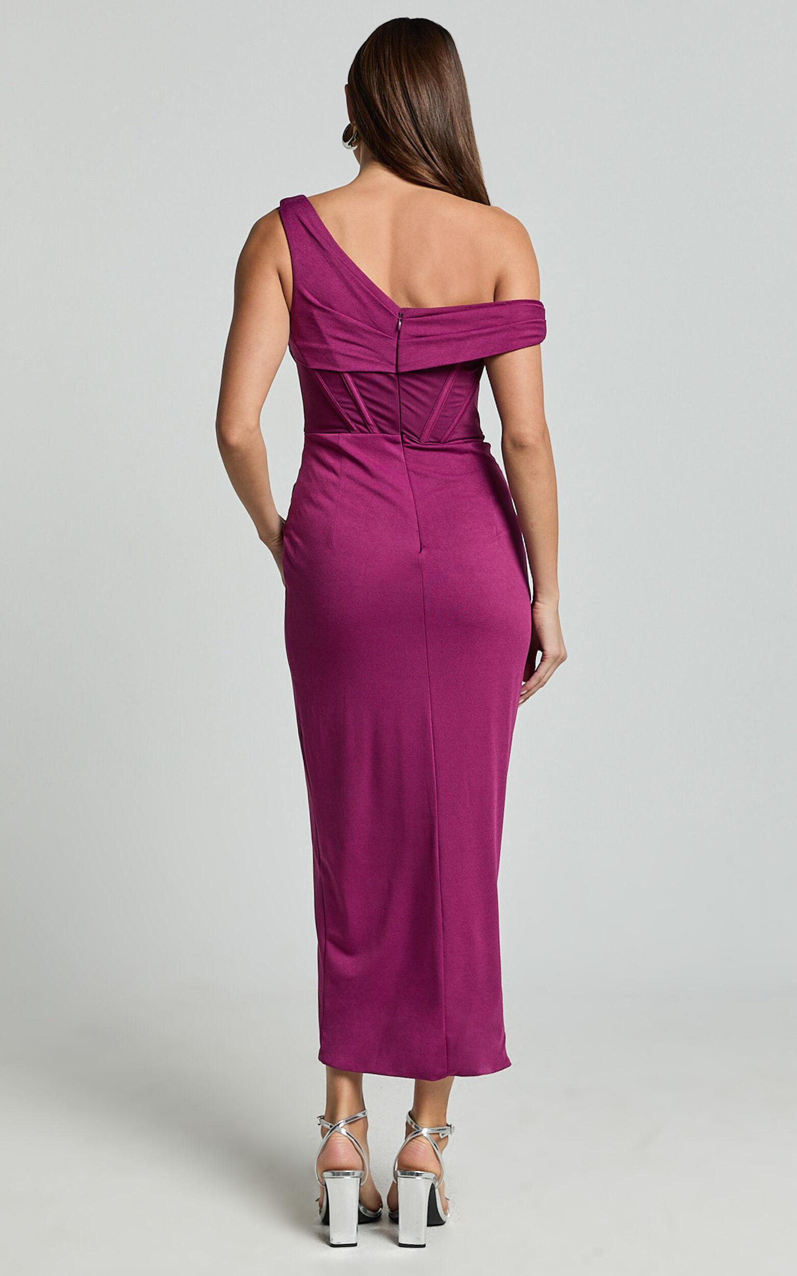 Aidia Midi Dress - One Shoulder Draped Corset Dress in Plum Product Image