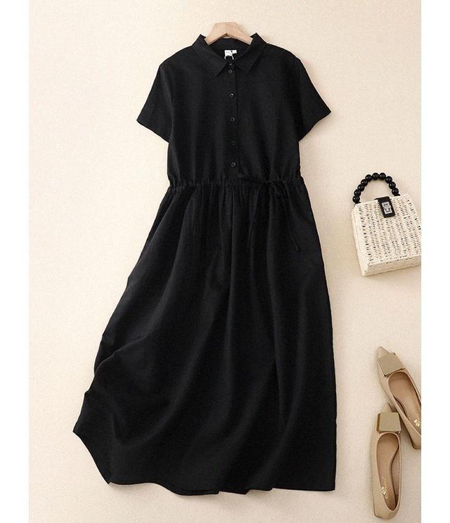 Short-Sleeve Collared Plain Midi A-Line Dress Product Image