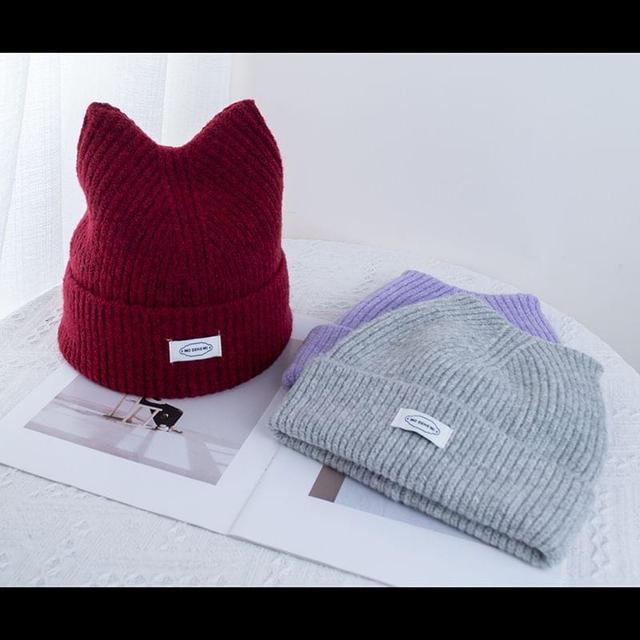 Lettering Applique Cat Ear Knit Beanie Product Image