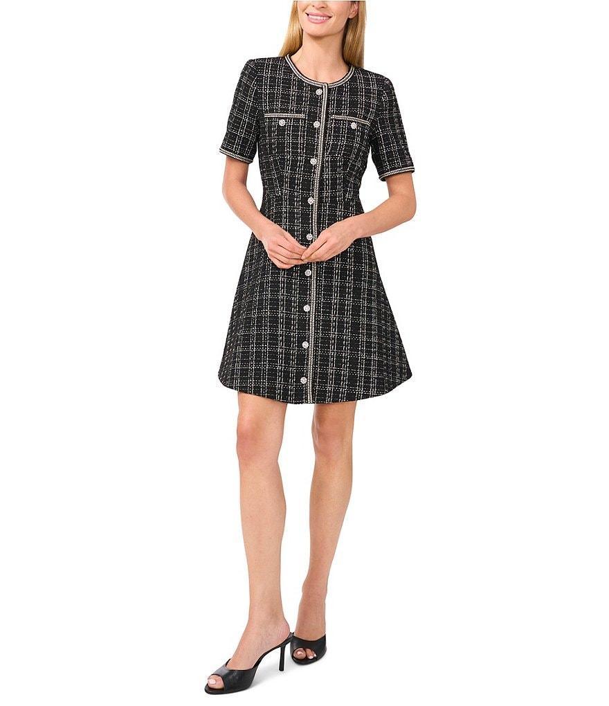 CeCe Metallic Plaid Tweed A-Line Crew Neck Short Sleeve Rhinestone Embellished Button Front Mini Dress product image