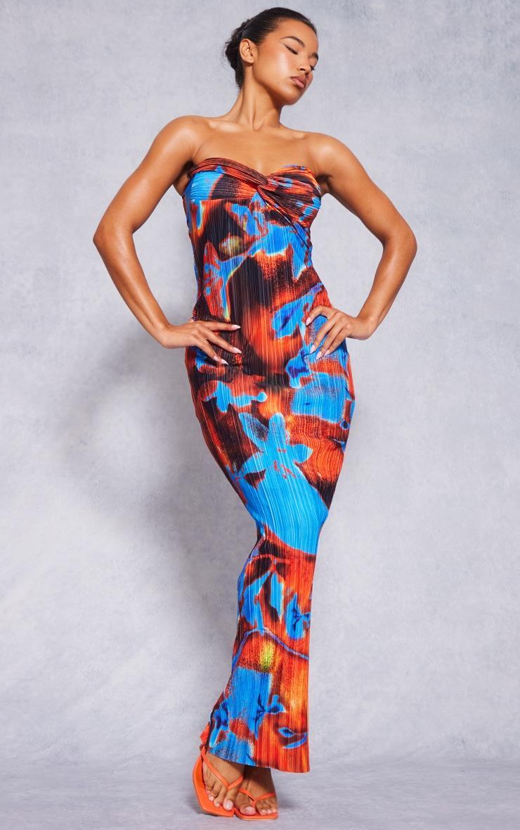 Blue Abstract Print Plisse Knot Bandeau Maxi Dress Product Image