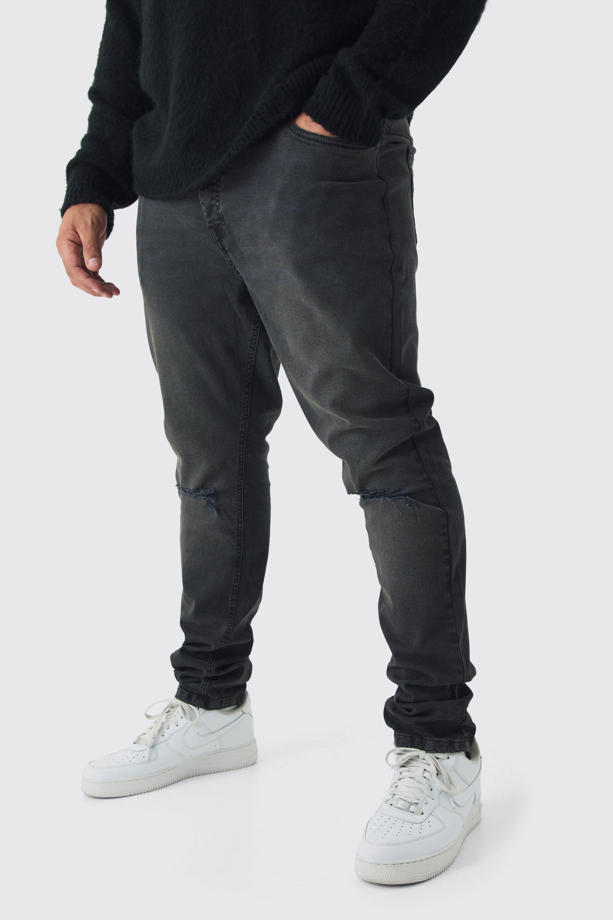 Plus Skinny Stretch Stacked Ripped Knee Jeans | boohooMAN USA Product Image